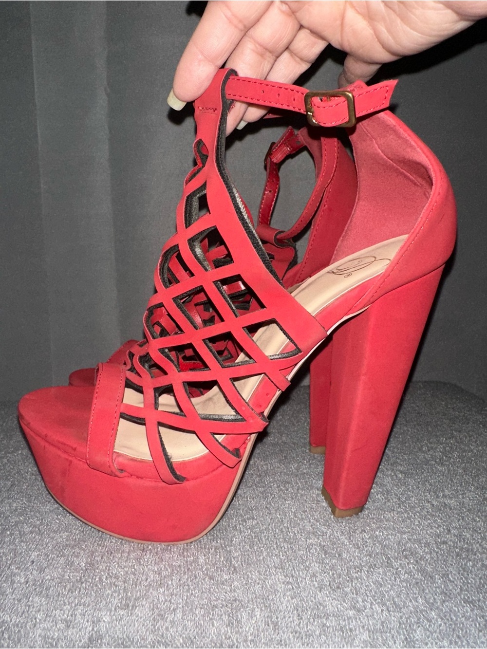 Shoe Dazzle Red Lattice Platform Block Heels with Ankle Strap